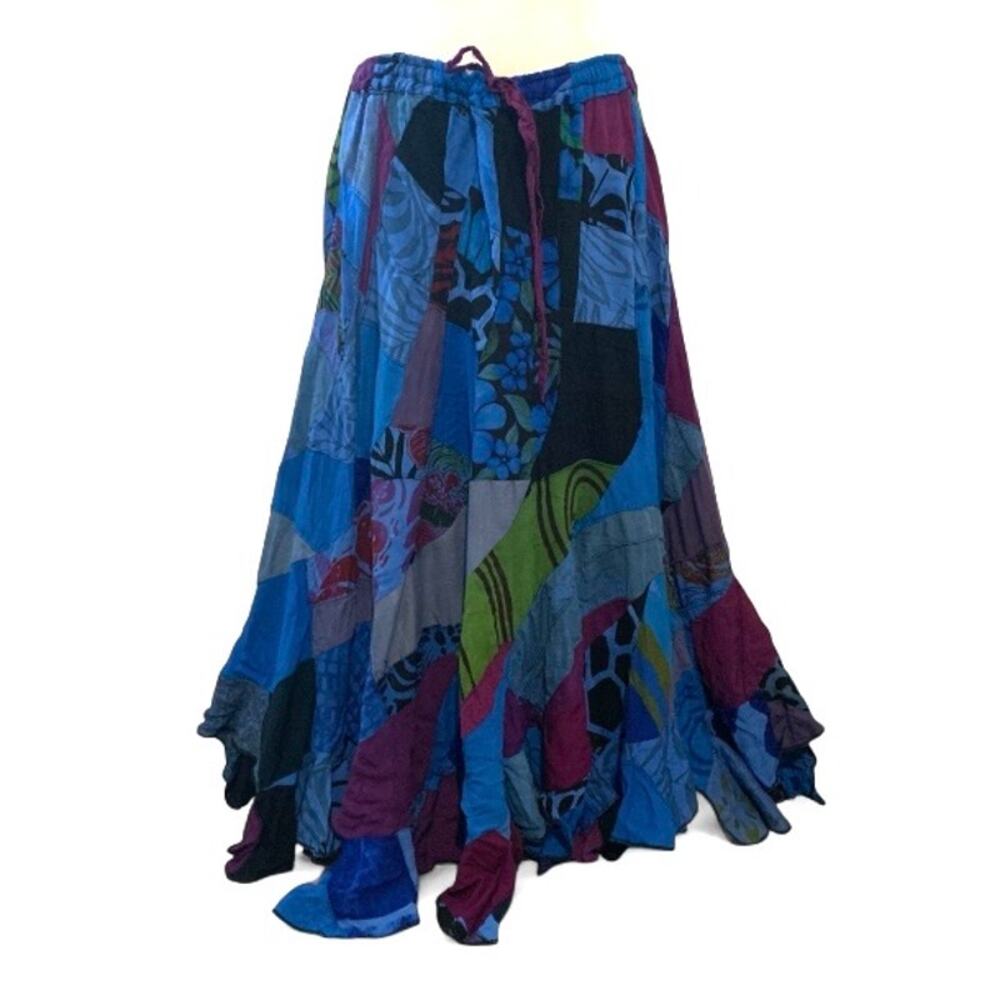 Boho Blue Patchwork Maxi Skirt XL Asymmetrical Handkerchief Hem